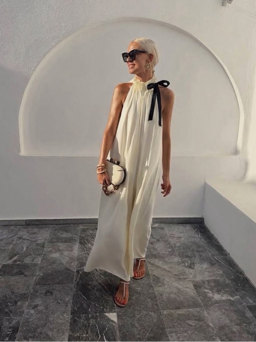Zara Cream Halter Pleated Slip Jumpsuit